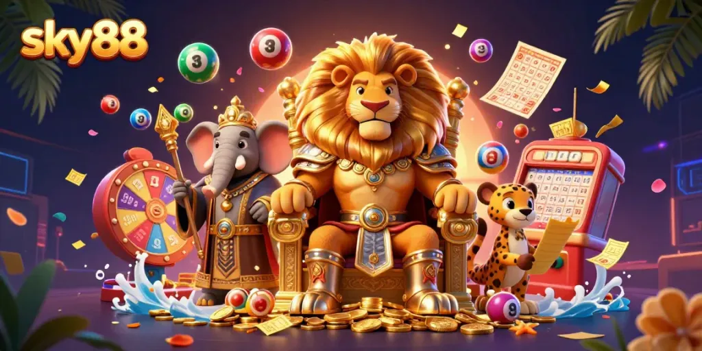 Experience the excitement of sky88 with vibrant lottery elements and whimsical characters in a casino setting.