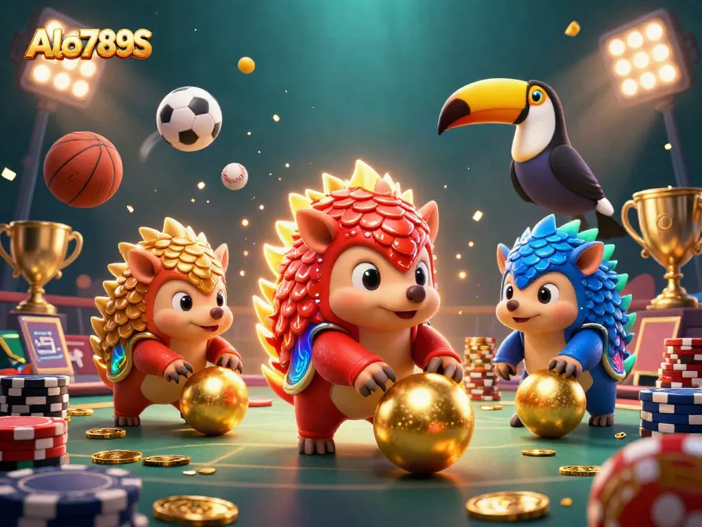 Alo789S pangolins bowling through poker chips in a vibrant gambling-themed illustration.