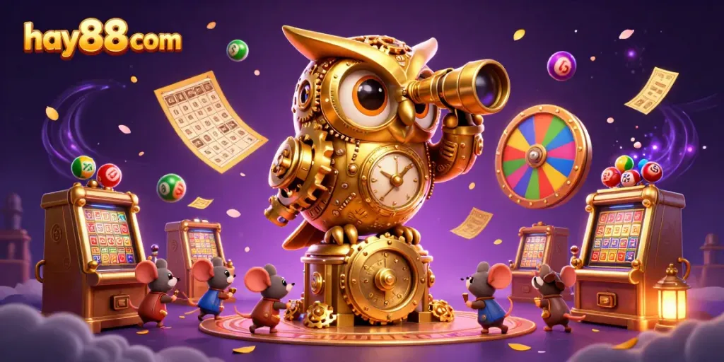 Experience lively casino fun with hay88 com featuring a cartoon owl, slot machines, and dynamic lottery elements.