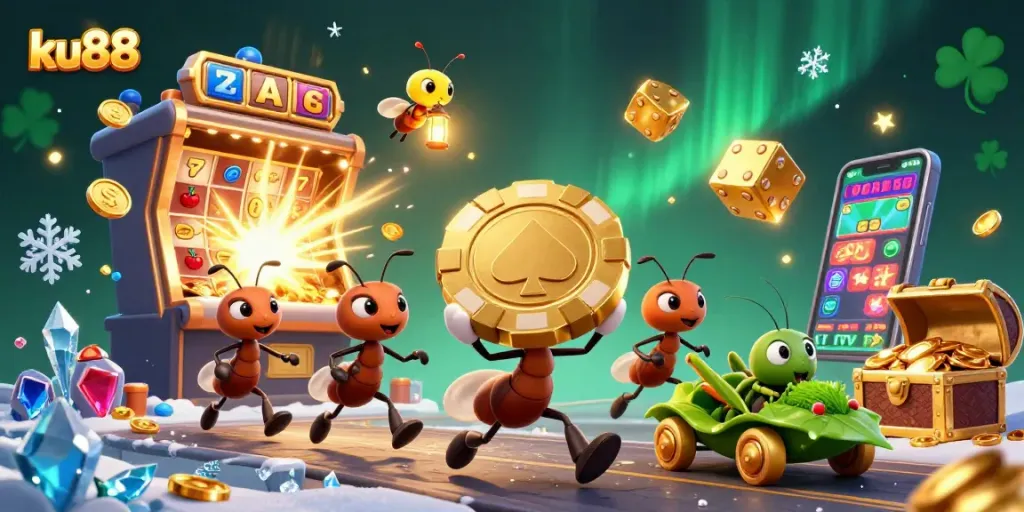 Experience an exciting heist with ku88 themed ants carrying a giant poker chip amidst casino chaos.