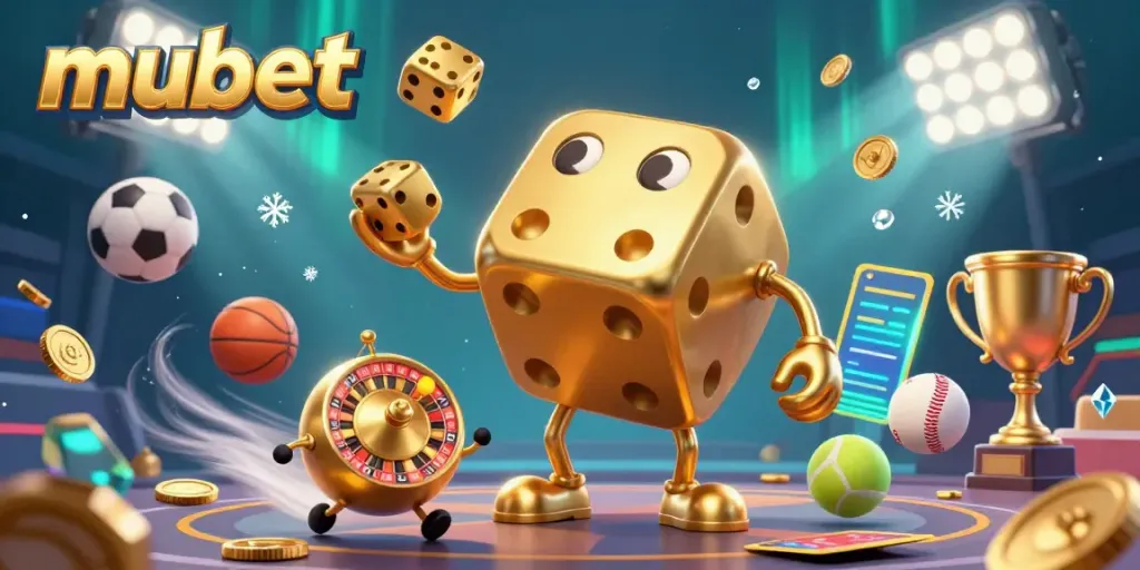 Engage with the vibrant mubet scene where a dice golem and companions showcase dynamic sports betting elements in a casino backdrop.