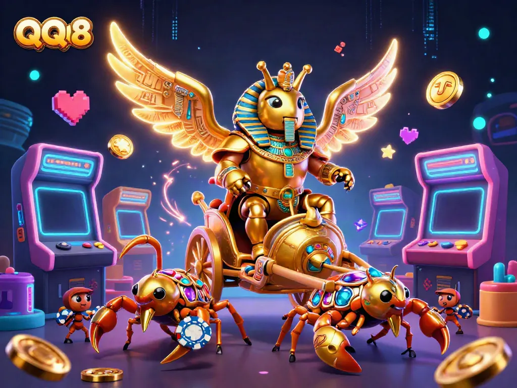 Engage in thrilling gameplay at QQ88 with a stunning 3D casino illustration featuring vibrant characters and arcade elements.