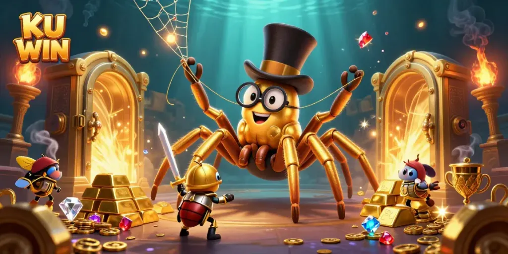 Experience the thrill of KU WIN with a giant golden tarantula weaving a web of fortune in a vibrant casino setting.