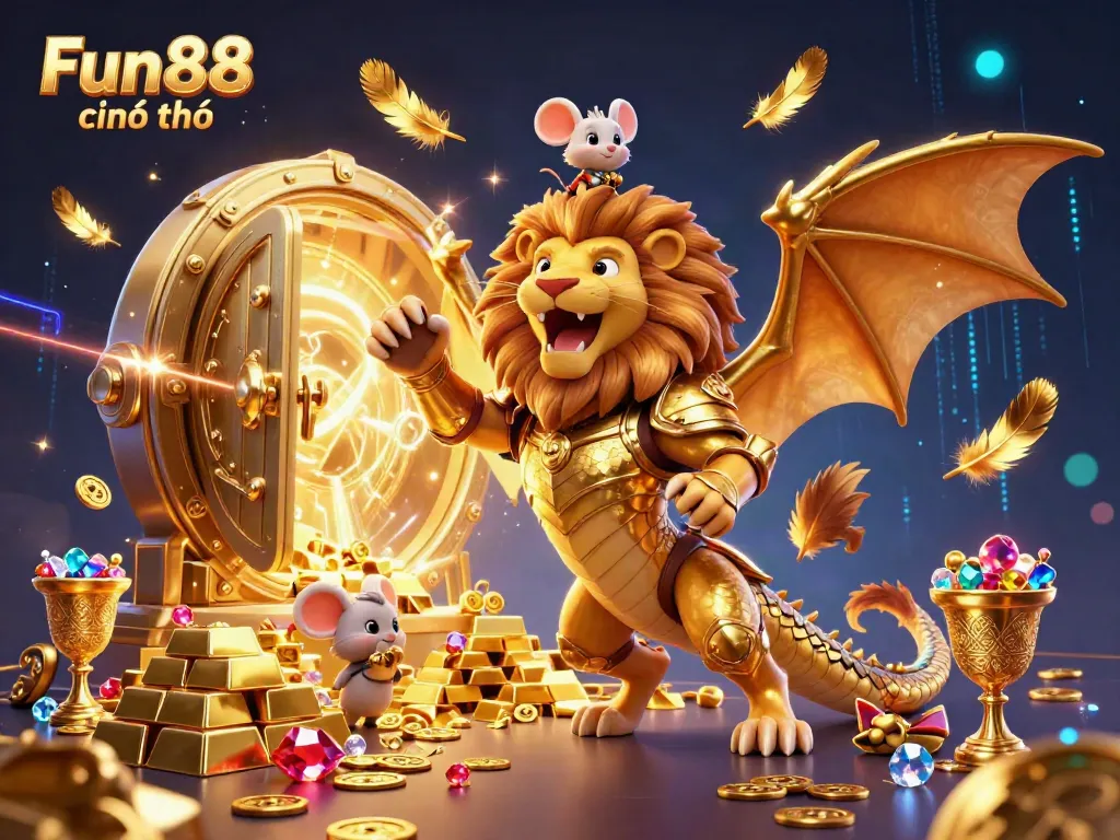 Experience the thrill of Fun88 chính thức with an epic 3D illustration featuring a chimera creature guarding treasures.