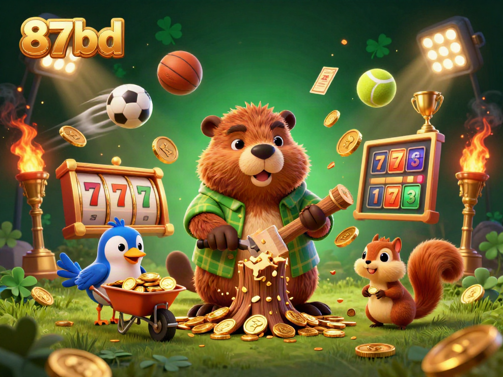 Engage with thrilling 87bd casino fun featuring a whimsical lumberjack beaver amidst a shower of gold coins.