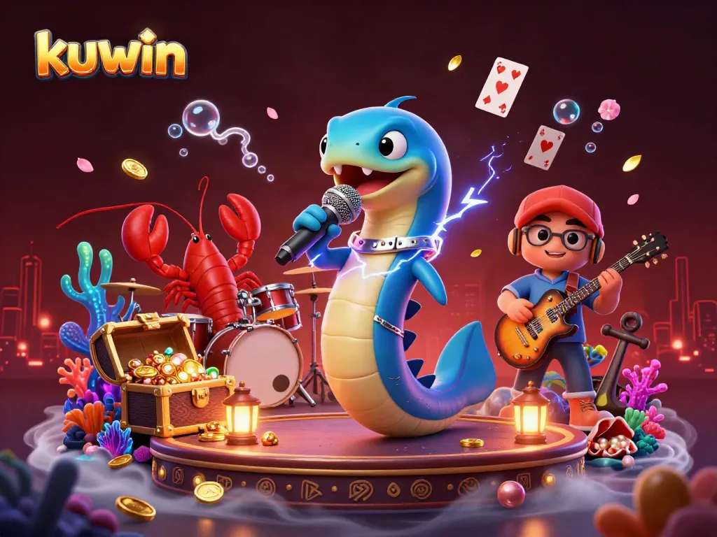 Kuwin players enjoy an electrifying underwater casino scene with vibrant cartoon characters and dynamic elements.