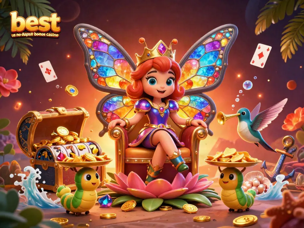 Experience the excitement at the best us no deposit bonus casino with vibrant characters, slot elements, and colorful gems.
