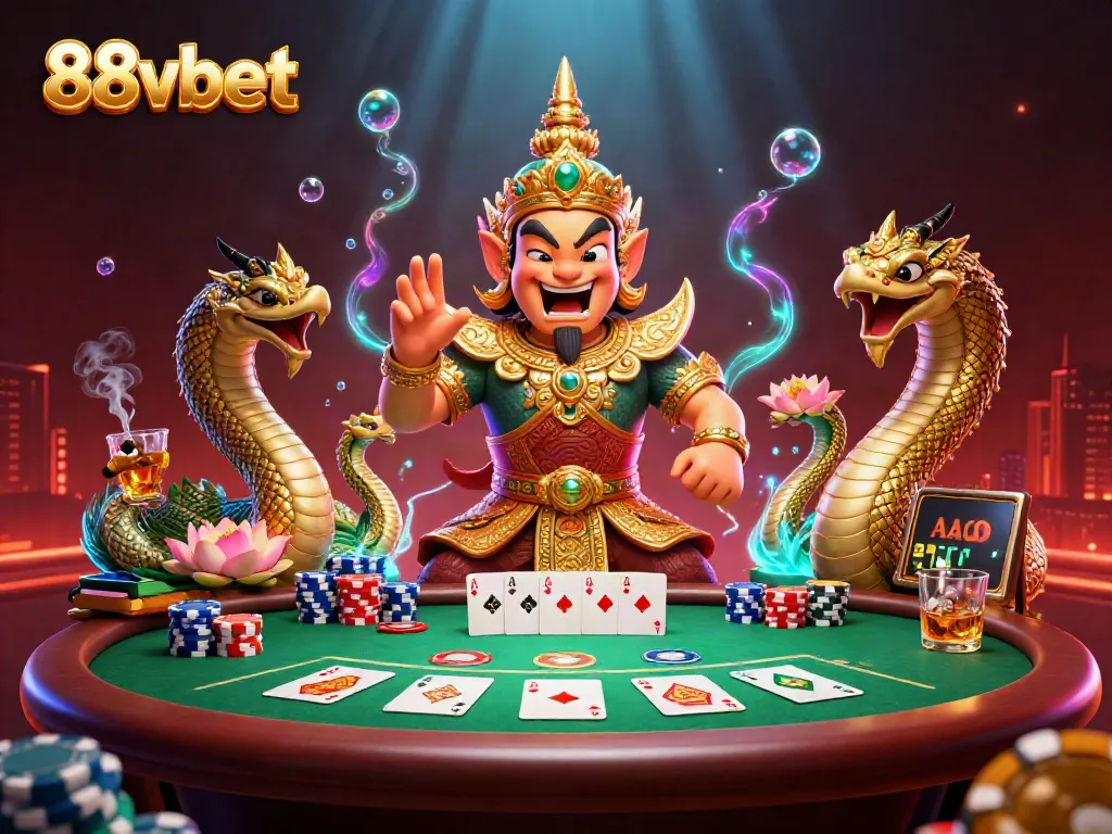 Engage in thrilling poker action at 88vbet with a vibrant scene featuring a temple guardian.