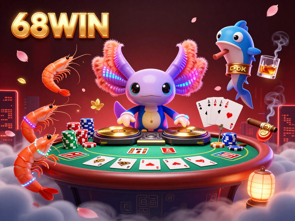 Experience exciting gaming at 68WIN with a vibrant axolotl DJ and colorful poker elements.