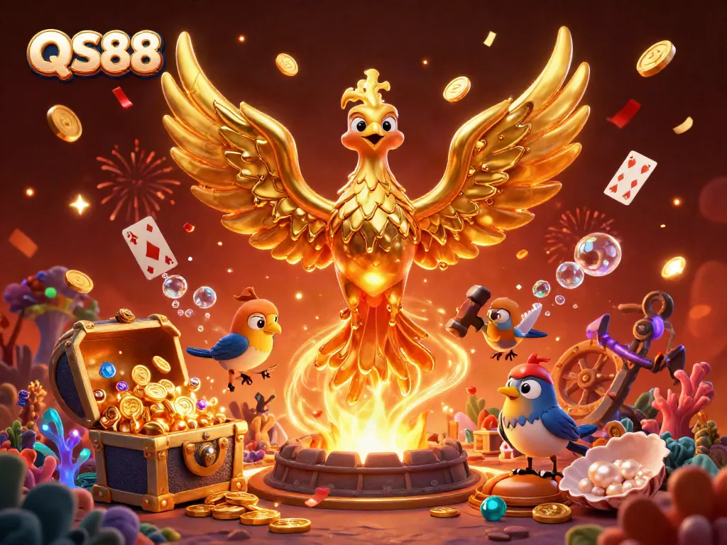 Experience the thrilling golden allure of QS88 in this 3D illustration, showcasing a phoenix and treasures!