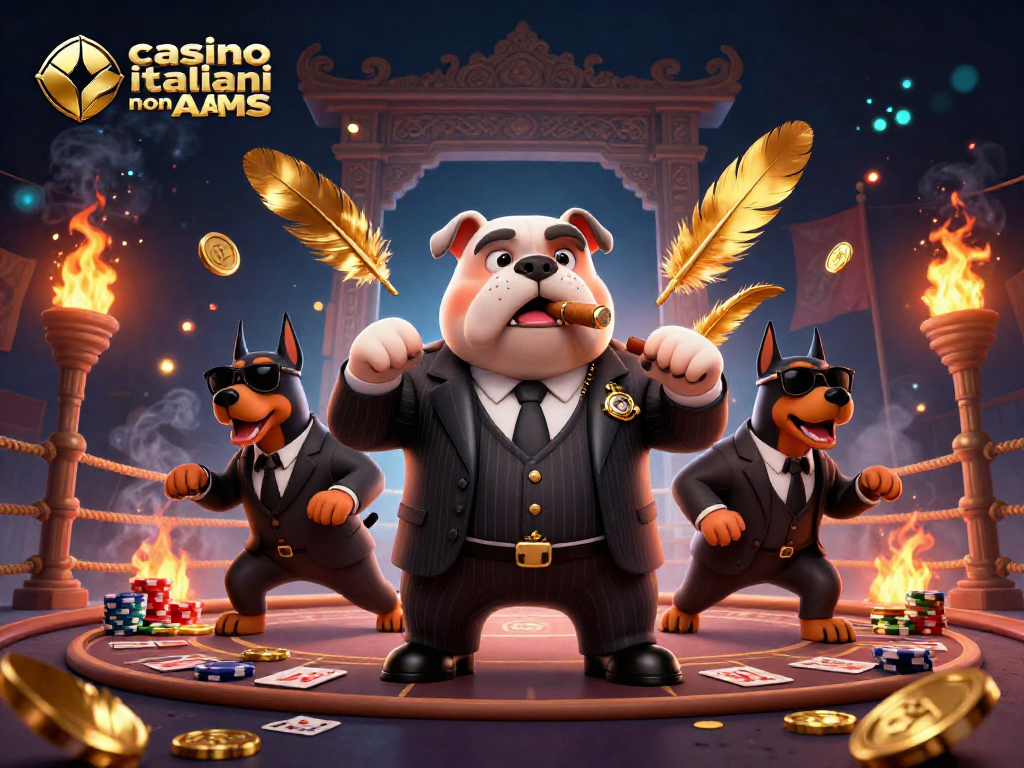 Scopri casino italiani non AAMS con un divertente e colorato boss mafioso in un'illustrazione 3D dinamica.