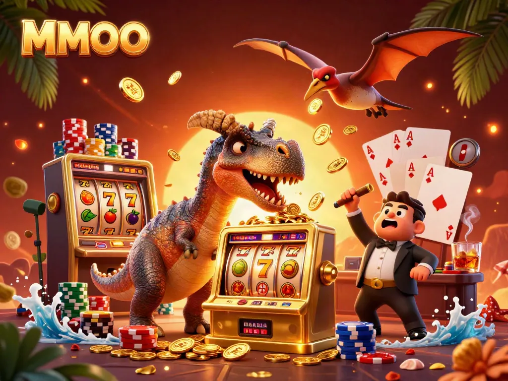 Experience the excitement of MMOO with a cartoon dinosaur celebrating a jackpot, showcasing colorful casino elements.
