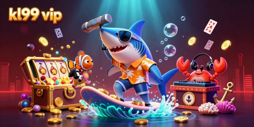 Engage with games at kl99 vip, featuring a lively scene with casino elements and vibrant characters!