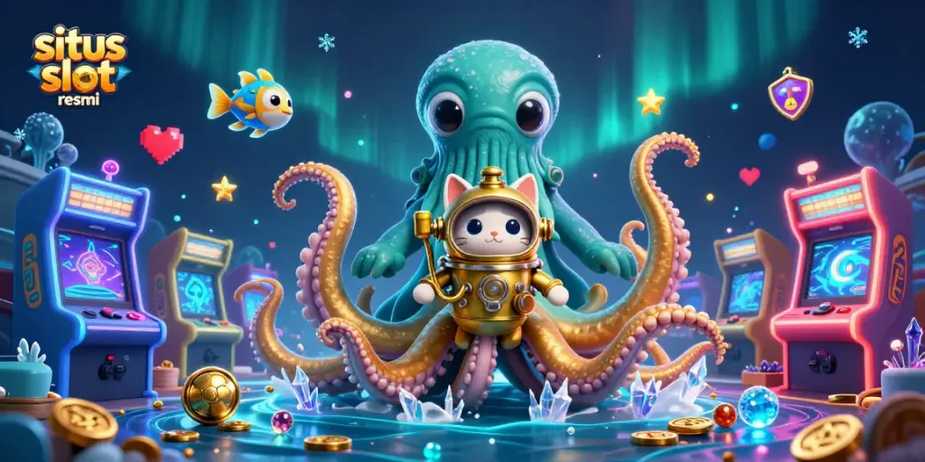 Experience excitement with situs slot resmi featuring a colossal kraken, diving cat, and arcade game machines.