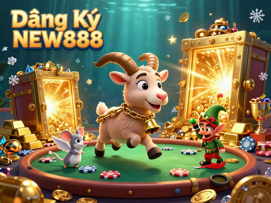 Join the festive excitement of Đăng Ký NEW888 with playful characters in a lively casino scene filled with treasures.
